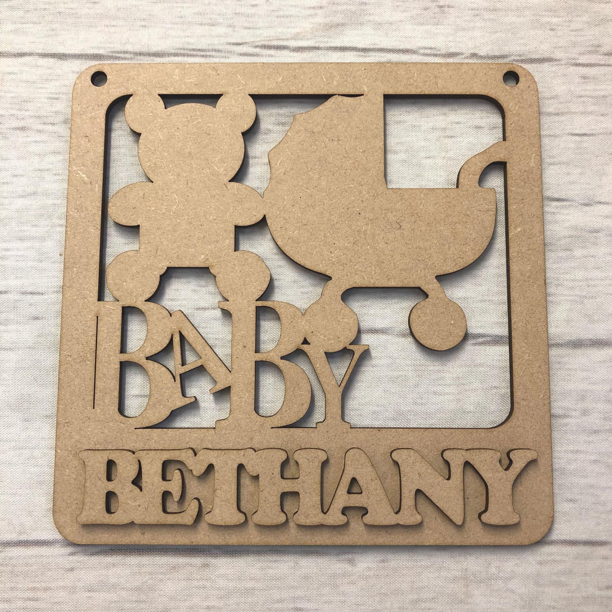 Base MDF - Nursery plaque - Personalised Teddy & Pram design