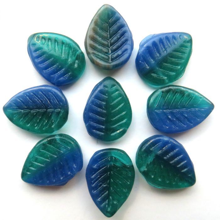 Glass Charms - Leaf - Sea Green/Blue Ribbed