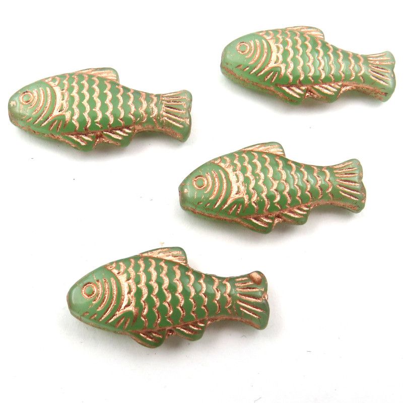 Glass Charms - Fish - Olive and Copper - Set of 4