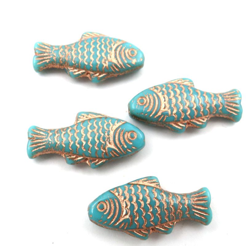 Glass Charms - Fish - Turquoise and Copper - Set of 4