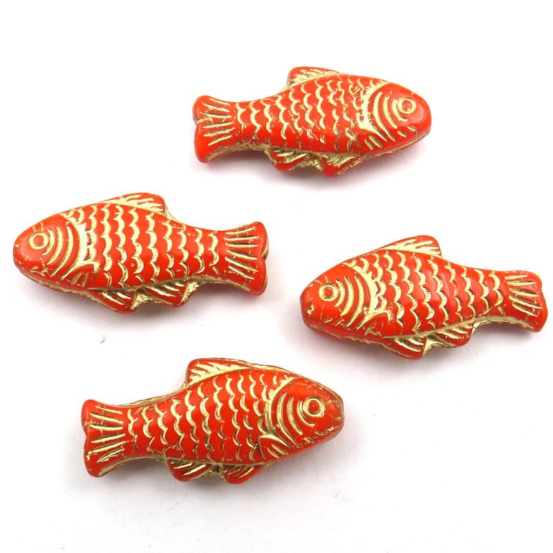Glass Charms - Fish - Red and Gold - Set of 4