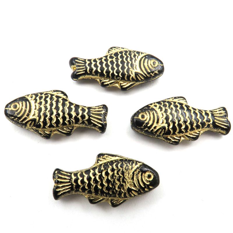 Glass Charms - Fish - Black and Gold - Set of 4