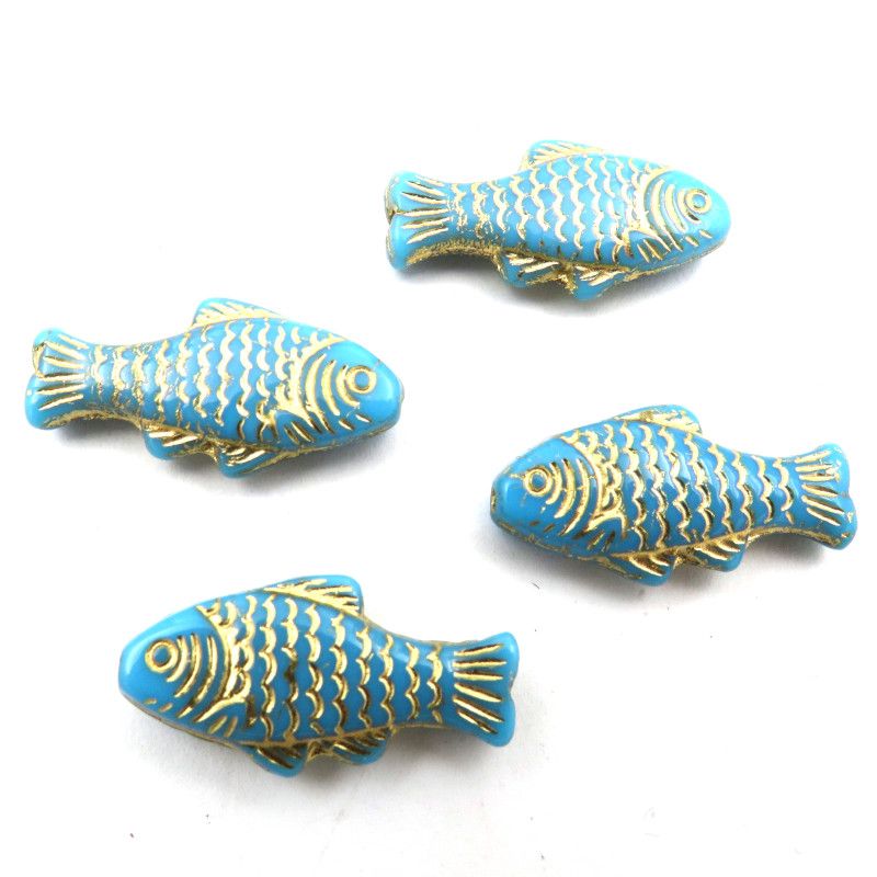 Glass Charms - Fish - Turquoise and Gold - Set of 4