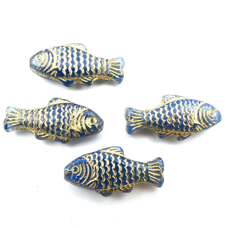 Glass Charms - Fish - Navy and Gold - Set of 4