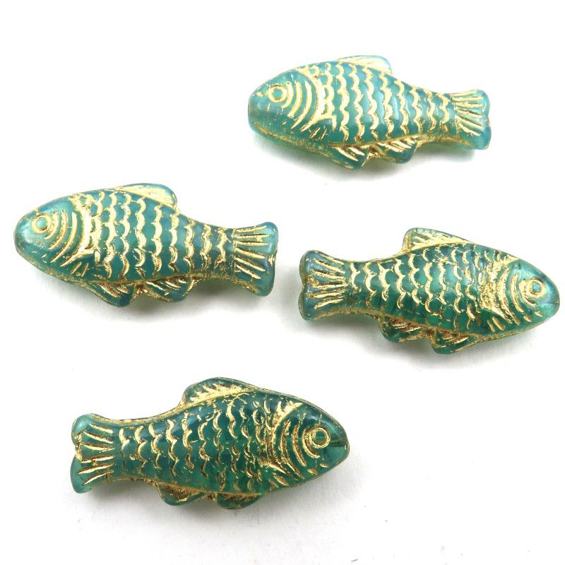 Glass Charms - Fish - Teal and Gold - Set of 4