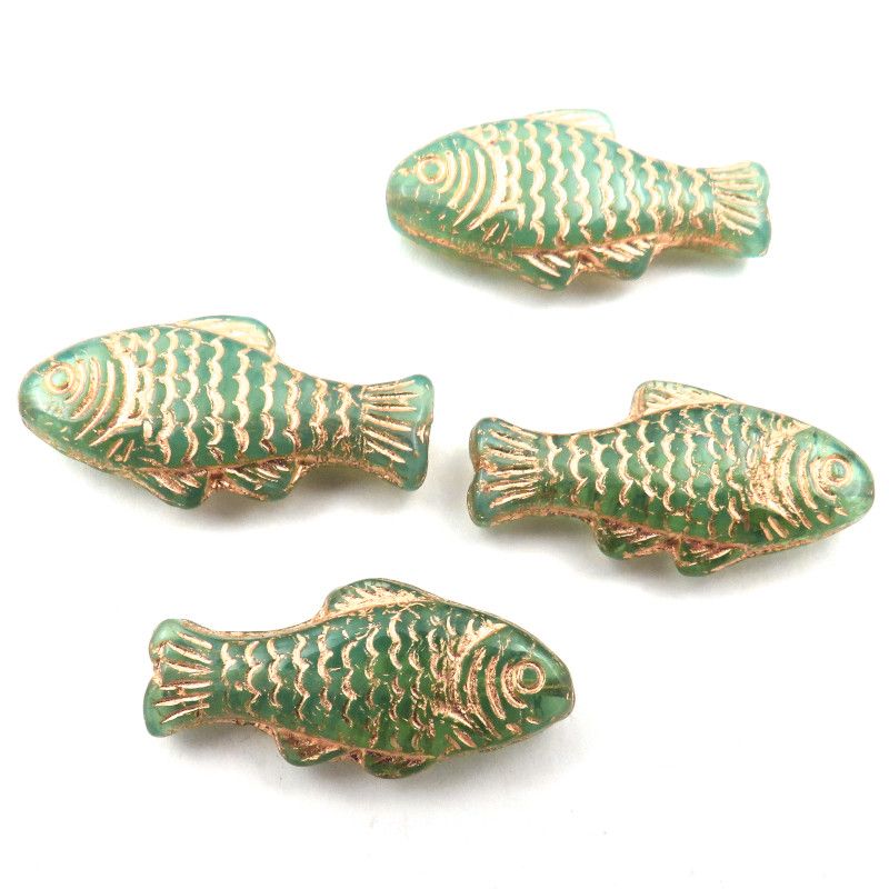 Glass Charms - Fish - Green and Gold - Set of 4