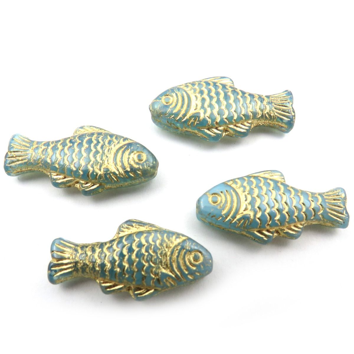 Glass Charms - Fish - Blue and Gold - Set of 4