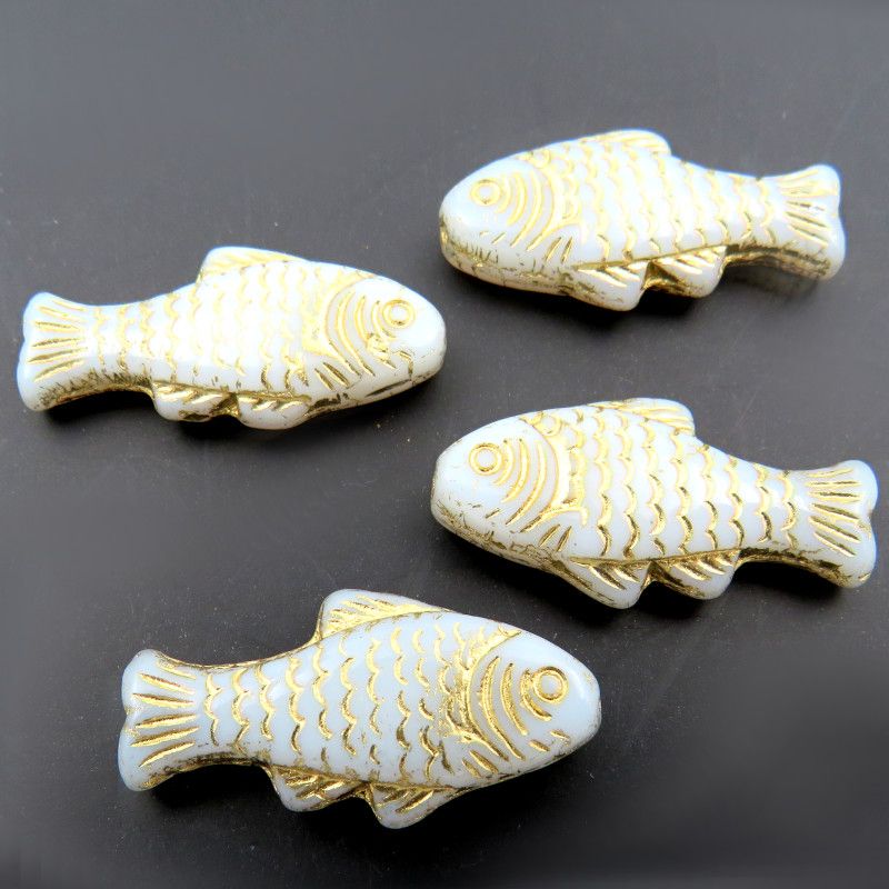 Glass Charms - Fish - White and Gold - Set of 4