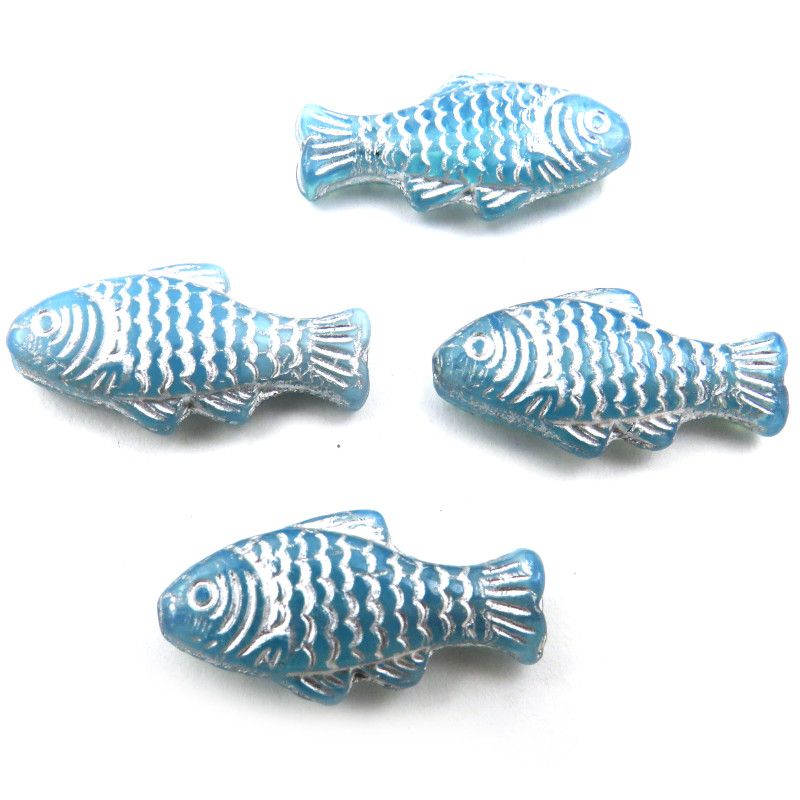 Glass Charms - Fish - Blue and Silver - Set of 4