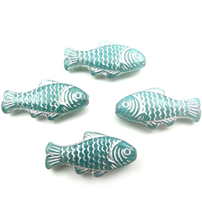 Glass Charms - Fish - Teal and Silver - Set of 4