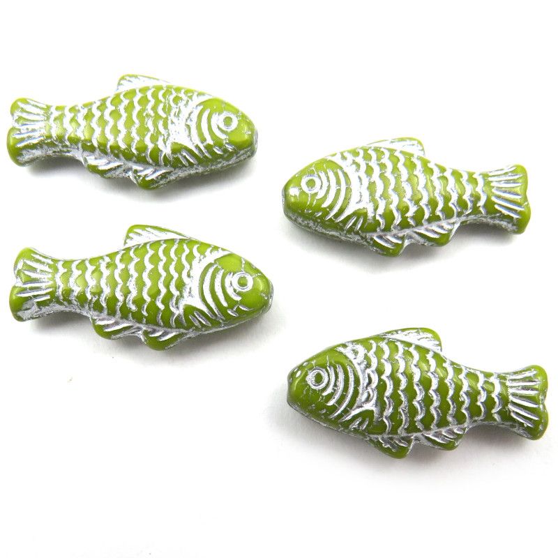 Glass Charms - Fish - Olive and Silver - Set of 4