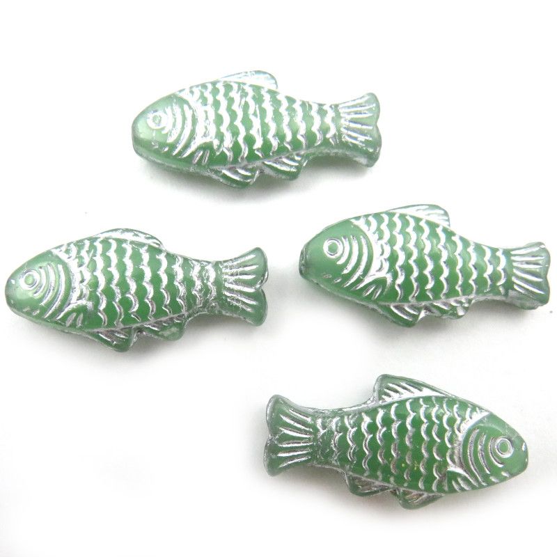 Glass Charms - Fish - Green and Silver - Set of 4